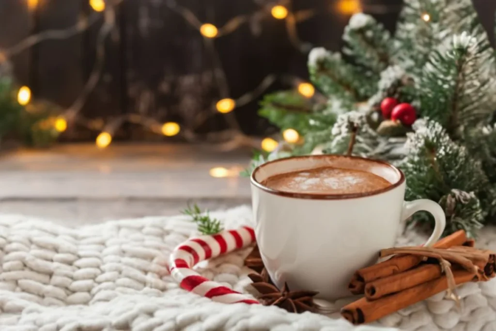 A cozy winter scene with a steaming cup of peppermint mocha in the foreground, surrounded by snow-covered pine trees and twinkling holiday lights in the background. A warm blanket and an open book lie next to the cup.