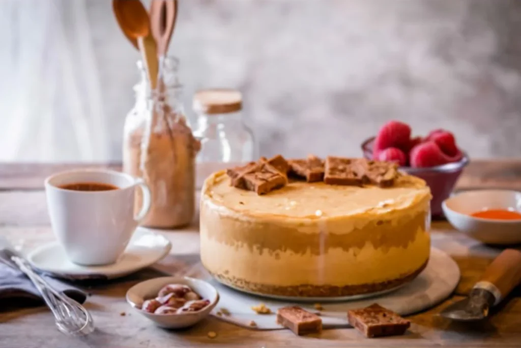 A welcoming kitchen scene with a freshly baked Biscoff cheesecake on a wooden table, surrounded by ingredients like Biscoff cookies, cream cheese, and a jar of Biscoff spread. Soft, natural light enhances the warm, inviting ambiance.