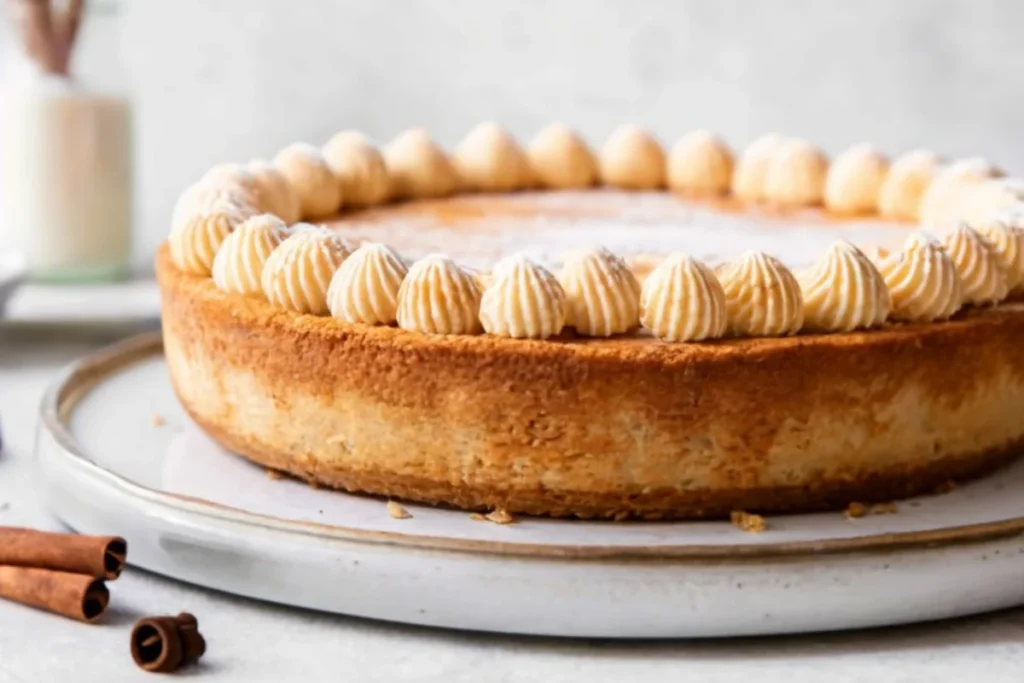 An up-close shot of the churro cheesecake, focusing on the layers where the cinnamon sugar crust meets the creamy cheesecake filling. The image should showcase the texture contrast and the inviting cinnamon aroma visually.