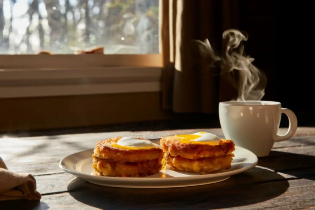 cozy breakfast table at sunrise, featuring golden hash brown patties served on a vintage plate, accompanied by sunny-side-up eggs and crispy bacon. The warm morning light illuminates the steam rising from a hot cup of coffee, setting a serene and inviting atmosphere