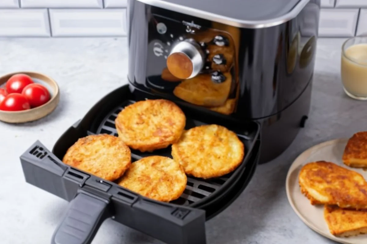 A bustling kitchen counter in the early morning light, featuring a modern air fryer with golden, crispy hash brown patties inside. The background shows a blur of breakfast preparation activities.