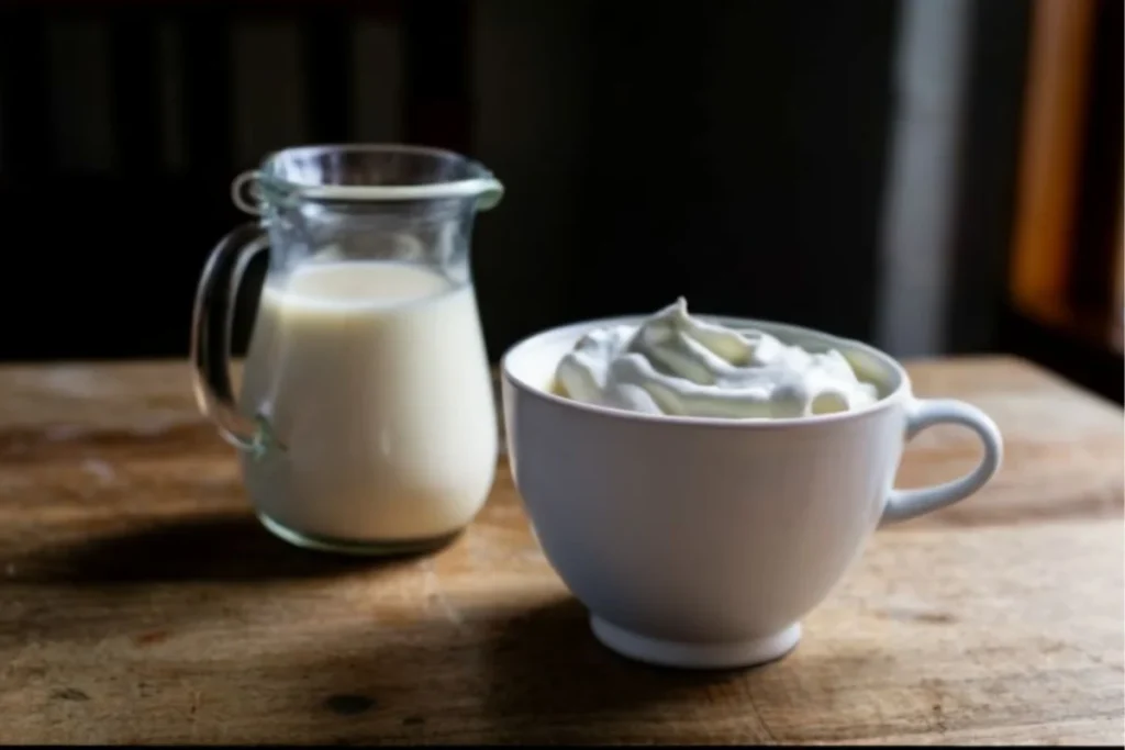 A welcoming kitchen scene with a bowl of fresh heavy whipping cream on a wooden table, ready for transformation. Soft, natural light illuminates the creamy texture, inviting the viewer to begin their culinary journey.