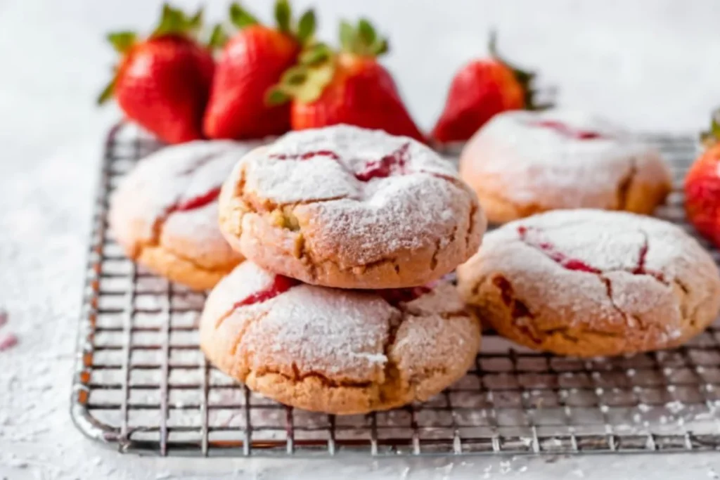 A vibrant, close-up image of freshly baked strawberry cheesecake cookies on a cooling rack, with a soft-focus background highlighting the creamy and crunchy textures. The cookies are adorned with a light dusting of powdered sugar and small slices of fresh strawberries on top, evoking a sense of homemade warmth and gourmet quality.