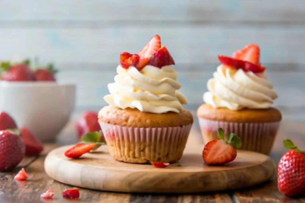 an image of strawberry cheesecake cupcakes on a wooden table, highlighting the graham cracker crust, creamy filling, and strawberry sauce