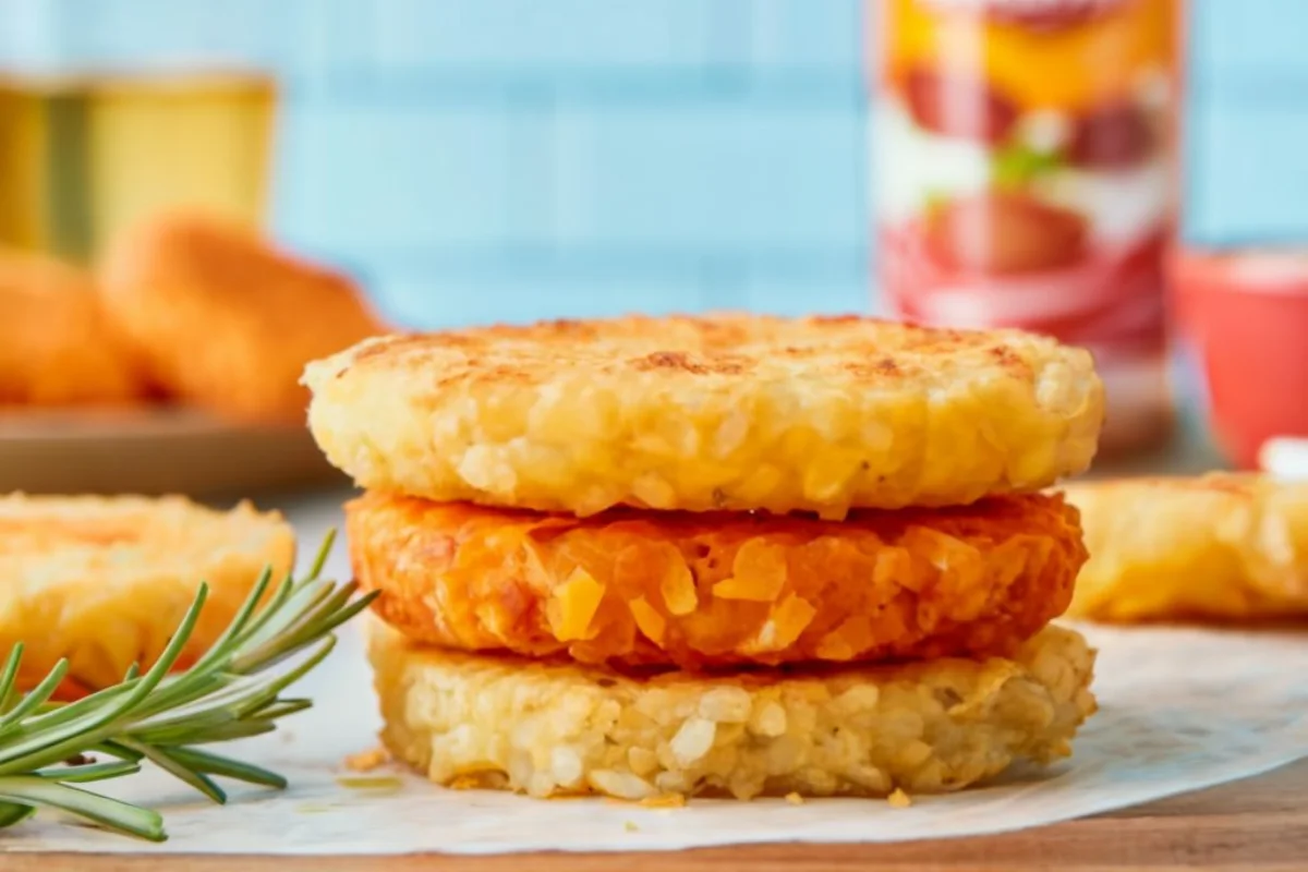 A vibrant, colorful image showcasing a variety of frozen hash brown patties in their packaging, displayed against a backdrop of a bustling, modern kitchen. The patties should vary in shape and size, highlighting the diversity available in the market.